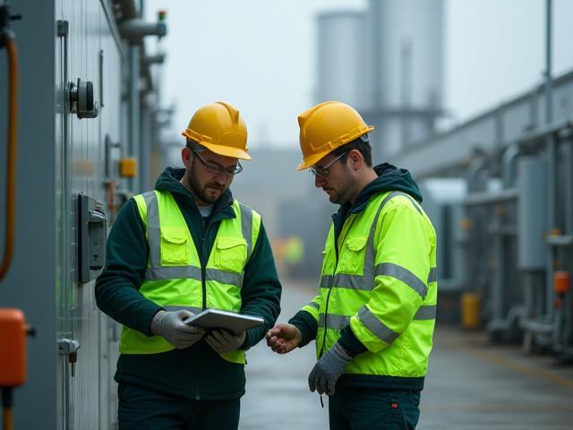 Technici voeren onderhoud uit op energieopslagsysteem