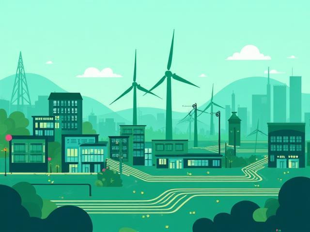 Visualisatie van slim energienetwerk met verbindingen tussen huizen en industrie